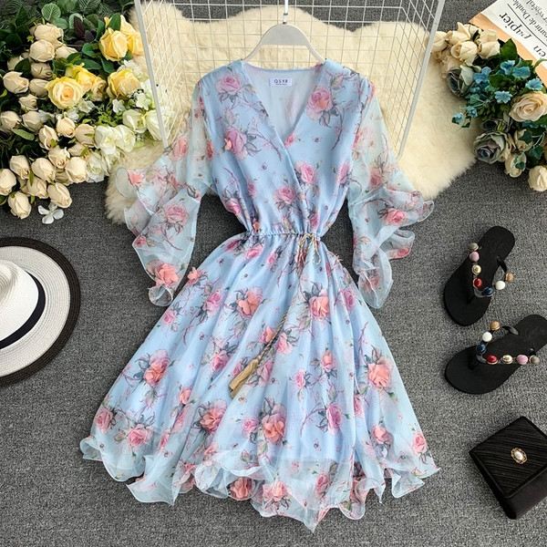 Rochie moderna de dama cu motiv floral si maneci 3/4 in mai multe culori