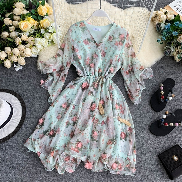 Rochie moderna de dama cu motiv floral si maneci 3/4 in mai multe culori