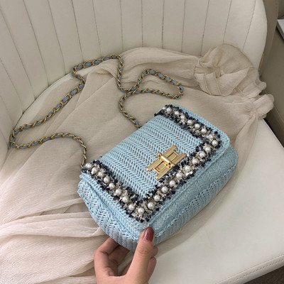 Модерна дамска чанта с перли в розов, бежов и син цвят