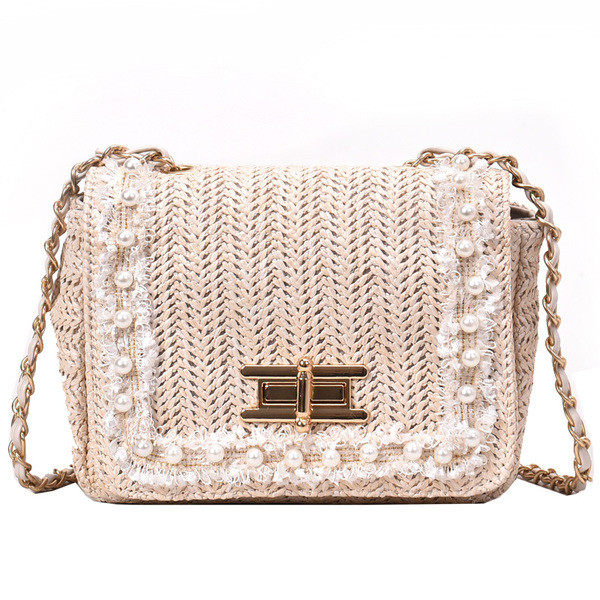 Модерна дамска чанта с перли в розов, бежов и син цвят