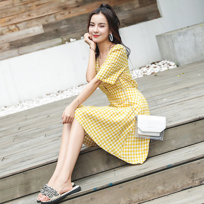 Rochie casual de dama cu dungi in galben si rosu