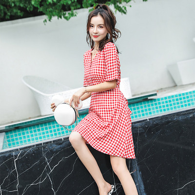 Rochie casual de dama cu dungi in galben si rosu