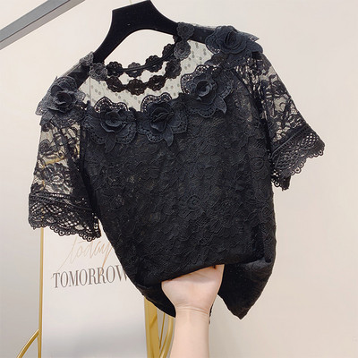 Női csipkeblúz rövid ujjú fekete-fehér színben