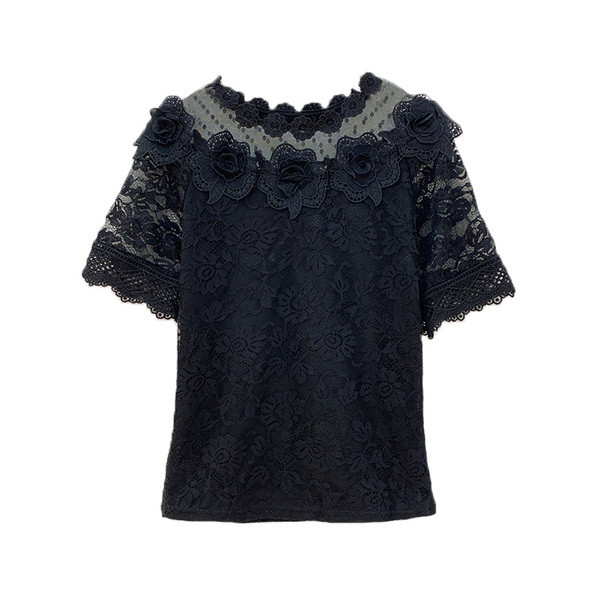 Női csipkeblúz rövid ujjú fekete-fehér színben
