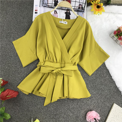 Bluză de damă modernă cu decolteu în V și panglică