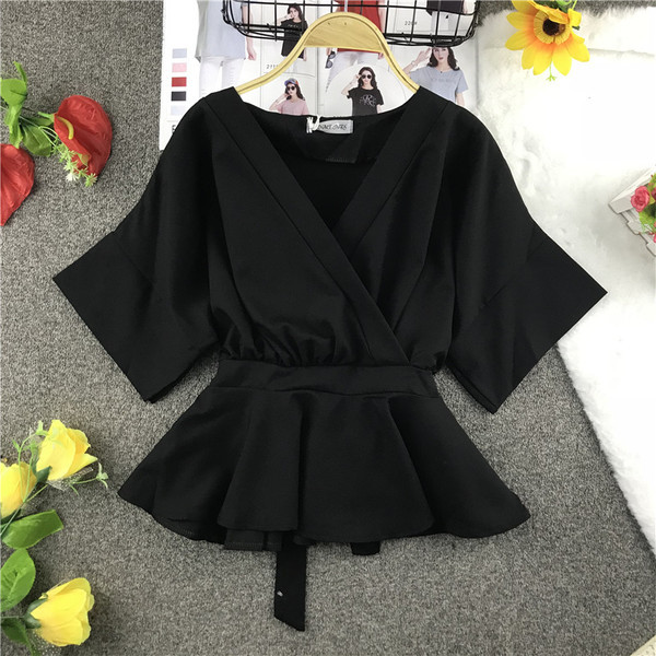 Bluză de damă modernă cu decolteu în V și panglică