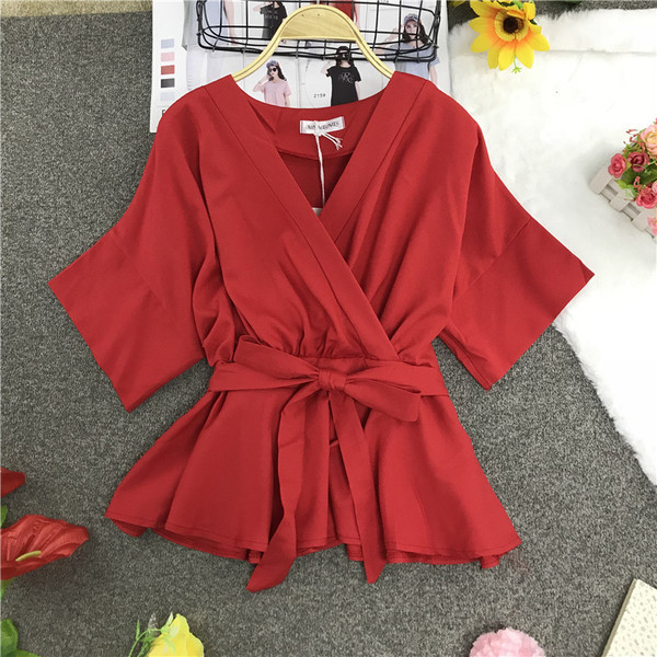 Bluză de damă modernă cu decolteu în V și panglică