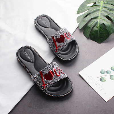 Papuci casual dama cu inscriptie si pietre in trei culori