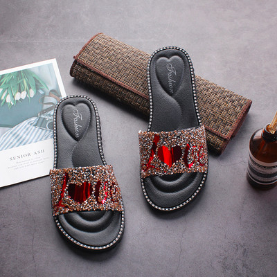 Papuci casual dama cu inscriptie si pietre in trei culori