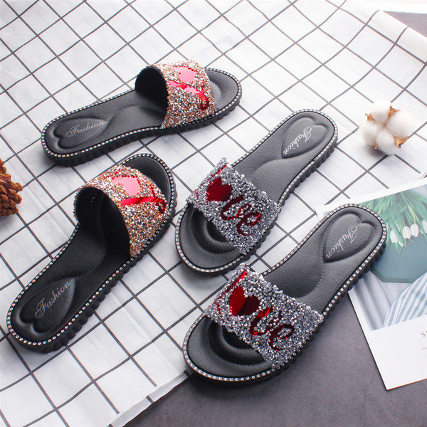 Papuci casual dama cu inscriptie si pietre in trei culori