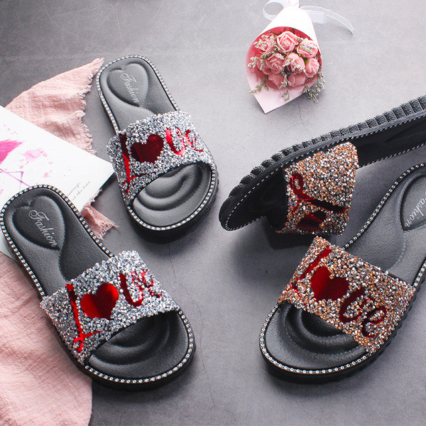 Papuci casual dama cu inscriptie si pietre in trei culori