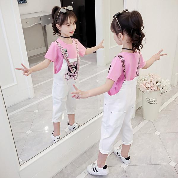 Modern gyerek szett lányoknak rózsaszín pólóval és fehér kombinékkal