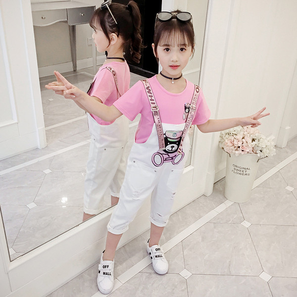 Modern gyerek szett lányoknak rózsaszín pólóval és fehér kombinékkal