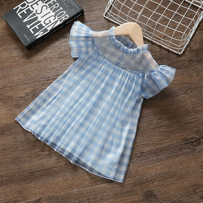 Rochie pentru copii in carouri albastru cu maneci scurte