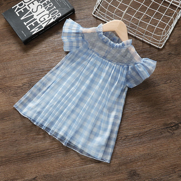 Rochie pentru copii in carouri albastru cu maneci scurte