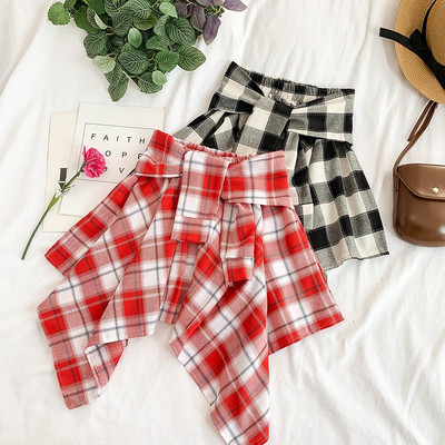 Fusta dama in carouri model asimetric cu cravate in mai multe culori