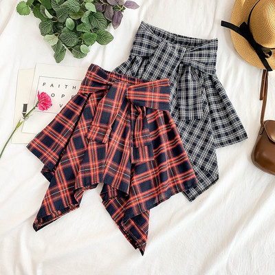 Fusta dama in carouri model asimetric cu cravate in mai multe culori