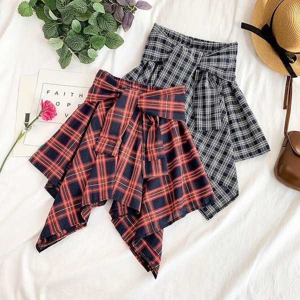 Fusta dama in carouri model asimetric cu cravate in mai multe culori