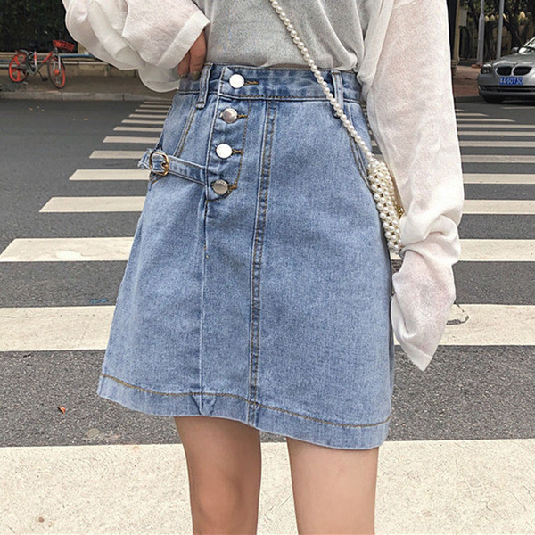 Fusta de dama casual din denim cu talie inalta si nasturi