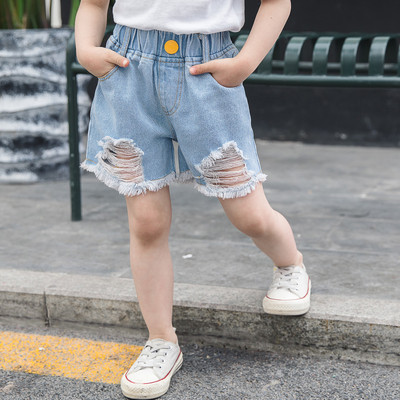 Gyerek rövid farmernadrág lányoknak gombos, szakadt motívumokkal