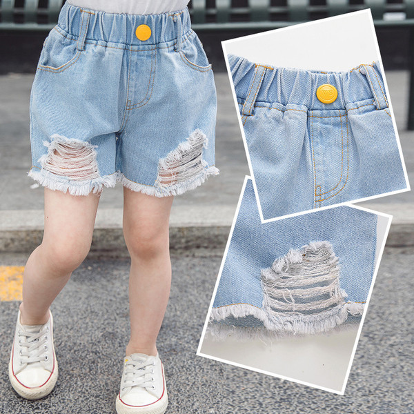 Gyerek rövid farmernadrág lányoknak gombos, szakadt motívumokkal