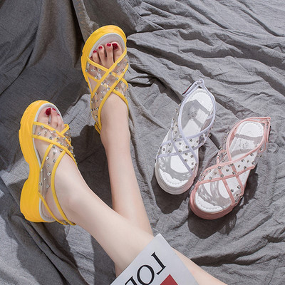 Ежедневни дамски сандали в жълт,бял и розов цвят с камъни