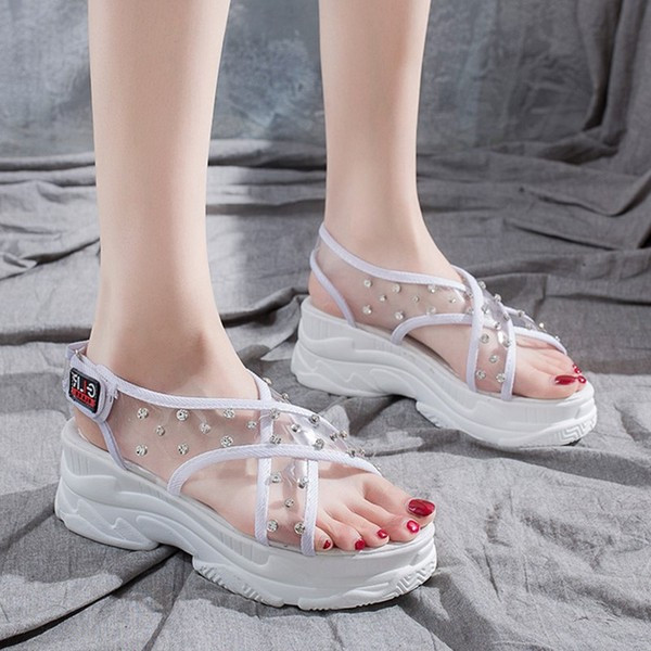 Alkalmi női szandál sárga, fehér és rózsaszín kövekkel