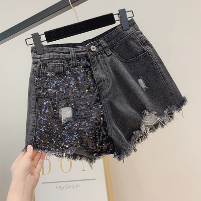 Модерни дамски къси панталони с декорация пайети в два цвята