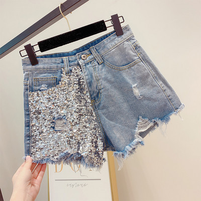 Модерни дамски къси панталони с декорация пайети в два цвята