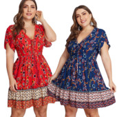 Testreszabott női ruha V-nyakú kék és piros színben