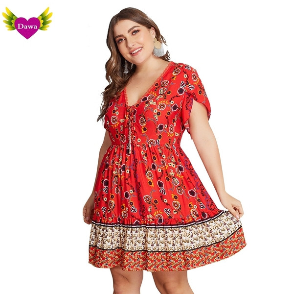 Testreszabott női ruha V-nyakú kék és piros színben