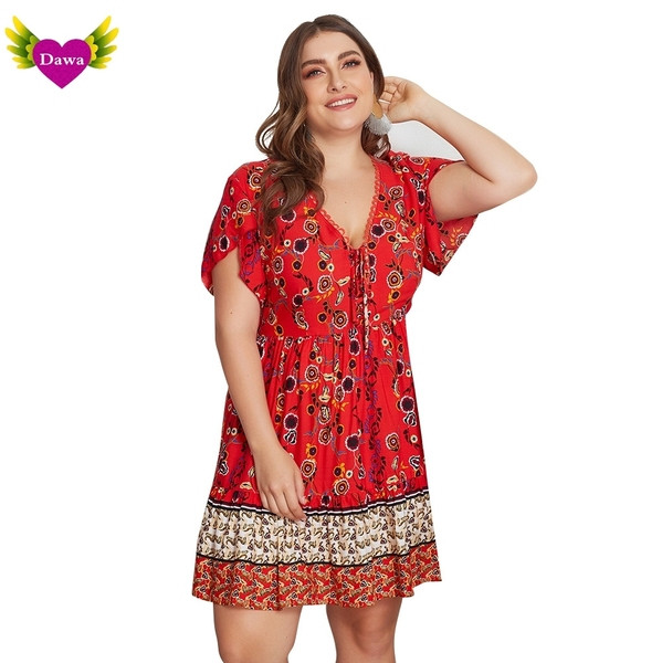 Testreszabott női ruha V-nyakú kék és piros színben