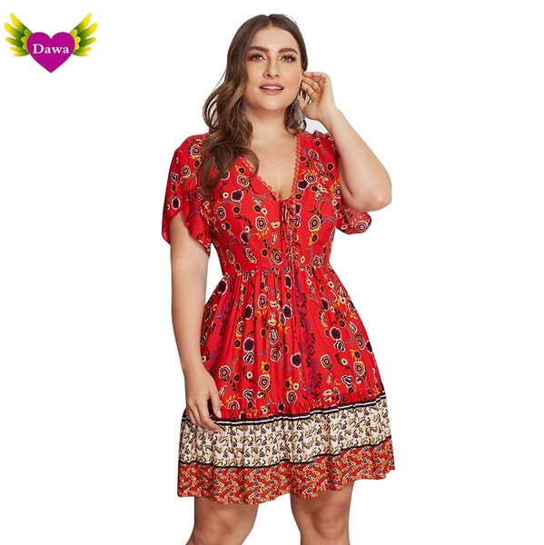 Testreszabott női ruha V-nyakú kék és piros színben