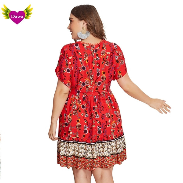 Testreszabott női ruha V-nyakú kék és piros színben