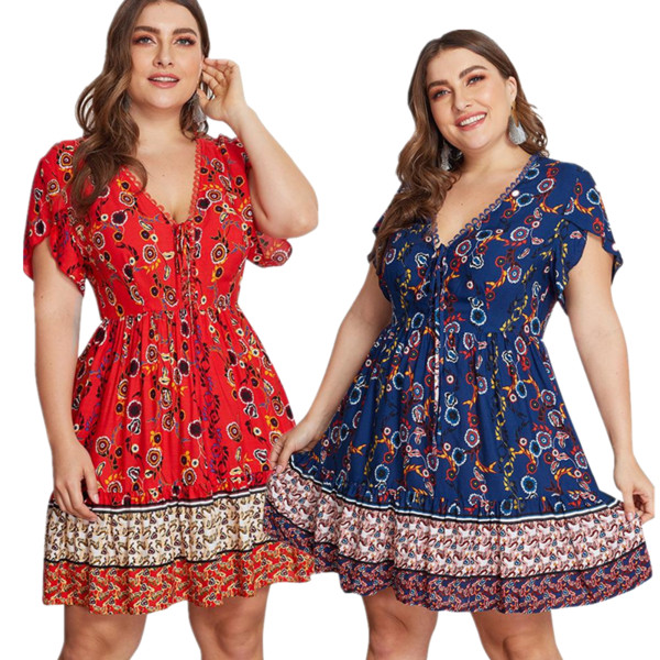 Testreszabott női ruha V-nyakú kék és piros színben