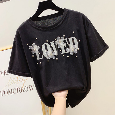 Női póló 3D virág és gyöngy elemekkel