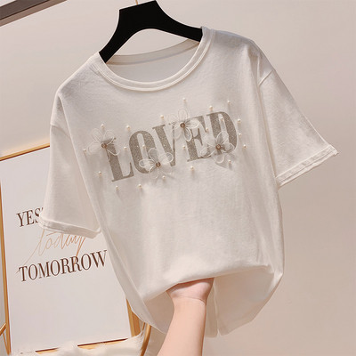 Női póló 3D virág és gyöngy elemekkel