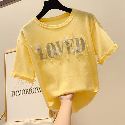 Női póló 3D virág és gyöngy elemekkel