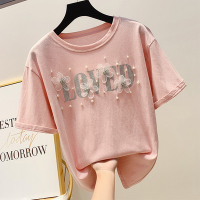 Női póló 3D virág és gyöngy elemekkel