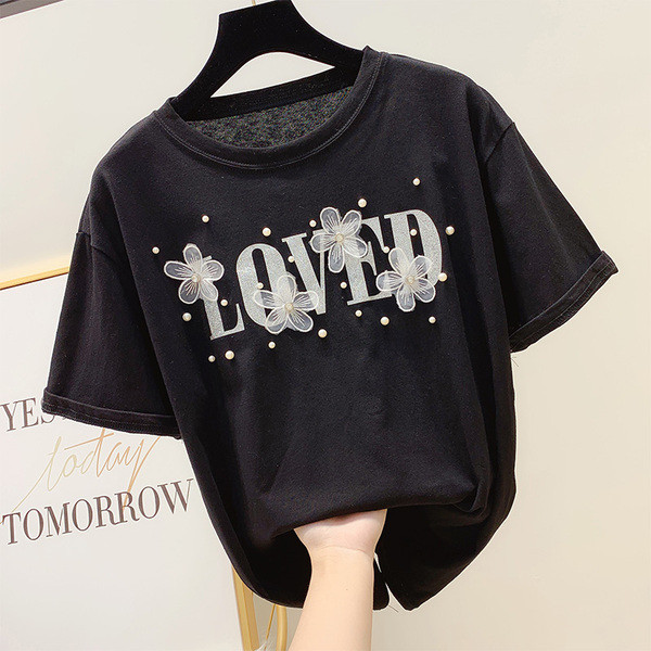 Női póló 3D virág és gyöngy elemekkel