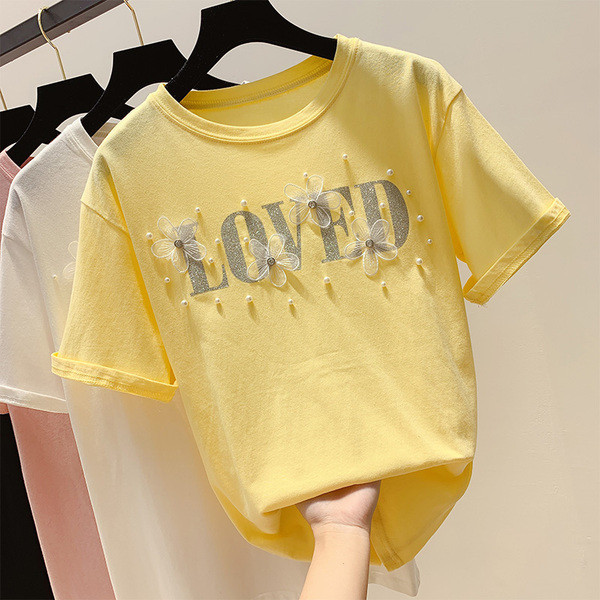 Női póló 3D virág és gyöngy elemekkel