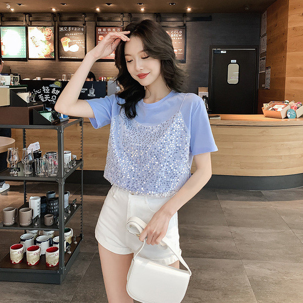 Alkalmi női póló rövid ujjú fehér és kék színben