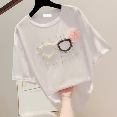 Modern női póló 3D elemmel és gyöngy díszítéssel