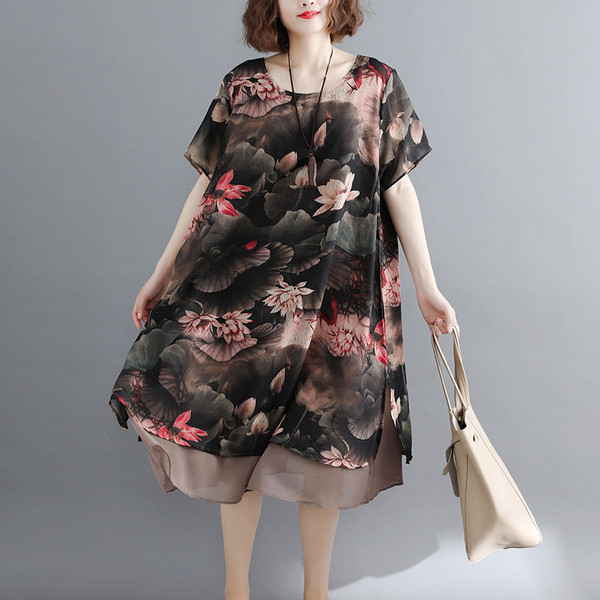 Alkalmi női ruha virágmintás, rövid ujjú