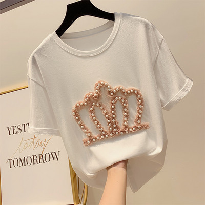 Női póló csipke elemmel és gyöngyökkel, négy színben