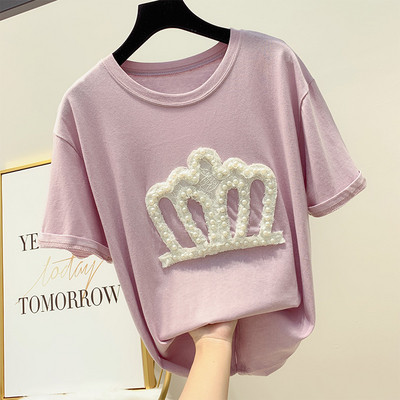 Női póló csipke elemmel és gyöngyökkel, négy színben