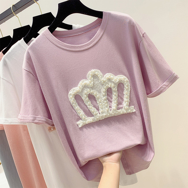 Női póló csipke elemmel és gyöngyökkel, négy színben