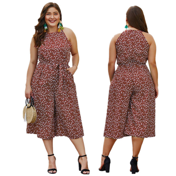 Modern női overall, virágos motívumokkal, barna színben