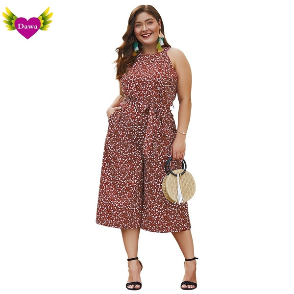 Modern női overall, virágos motívumokkal, barna színben