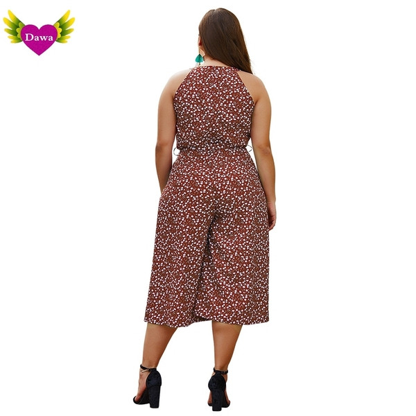 Modern női overall, virágos motívumokkal, barna színben